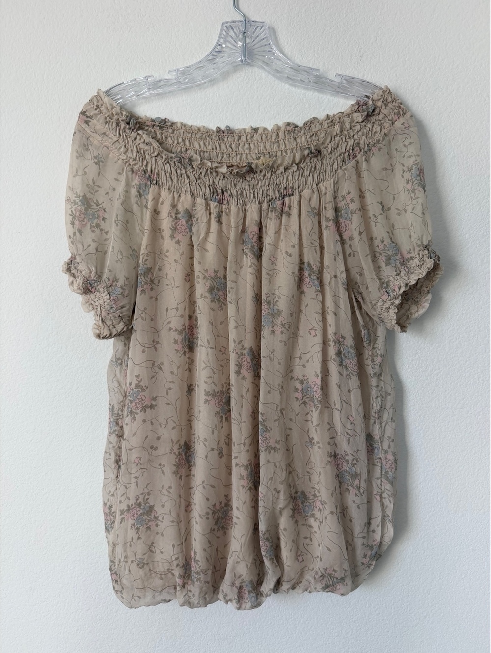 GIUSY 100% Silk Short Sleeve Off-Shoulder Beige/Brown Floral Blouse Size M
